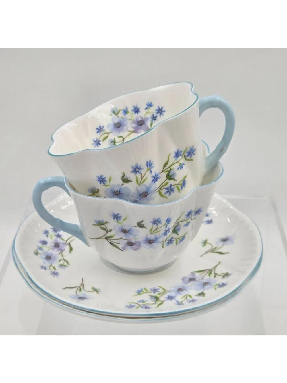 Shelley Blue Rock Dainty Set of 2 Flat Cup and Saucer Set Blue Trim Bone China - Picture 2 of 13